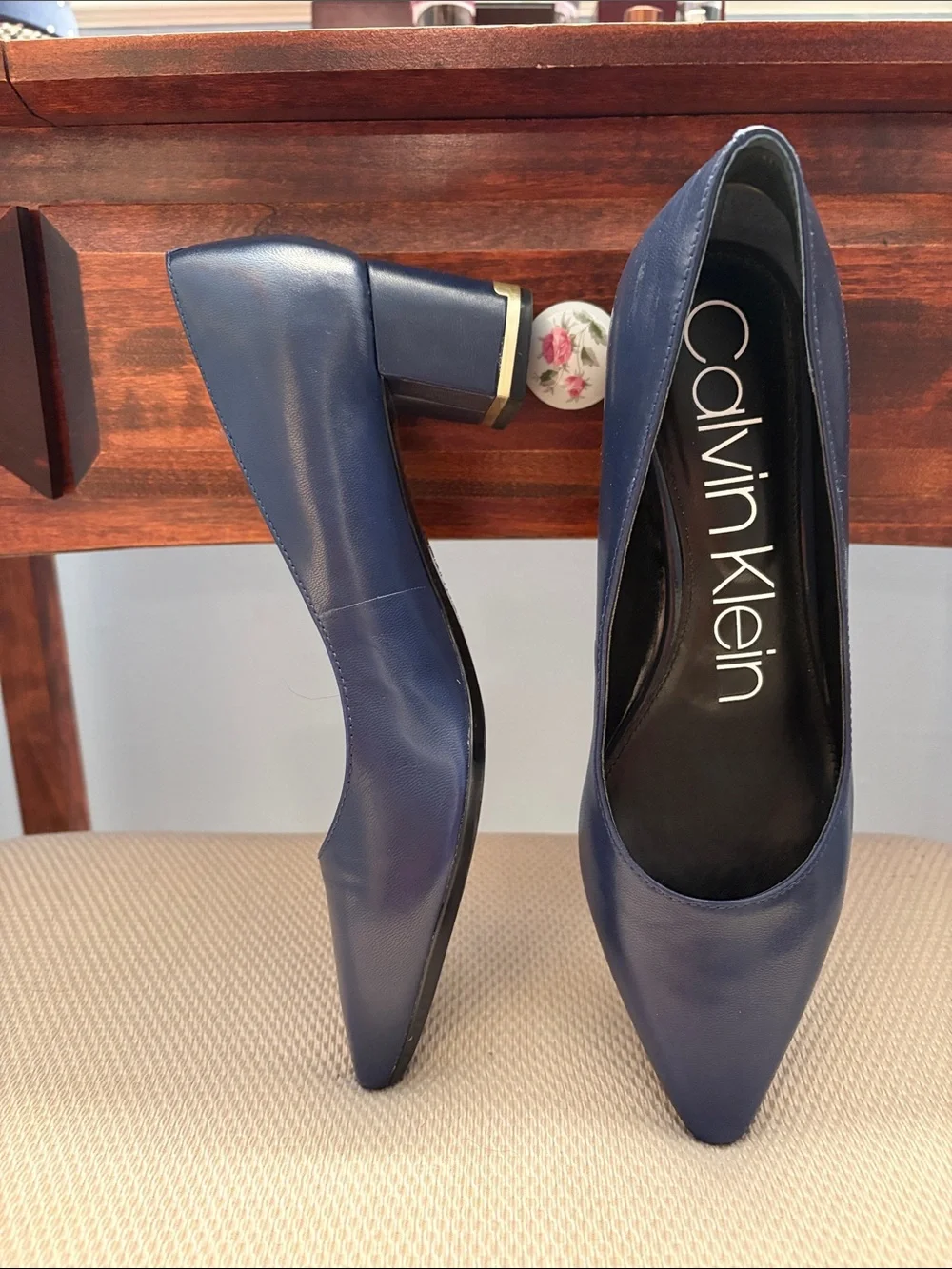 Calvin Klein Navy Pointed Toe Block Heel Pumps with Gold Accent